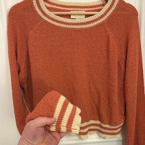 Modcloth Rust Orange Waffle-Knit Crewneck with Cream Stripes